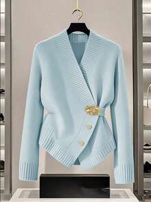 SHEIN Tall 女士蓝色毛衣，新款秋冬金属纽扣不对称开襟羊毛衫，百搭通勤风高领针织毛衣 - 彩色 - 查看 1