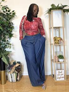 Truni Plus Size Casual Fashionable And Versatile Loose Wide Leg Boyfriend Jeans, For Pear Triangle Body Shape - Blue - View 4