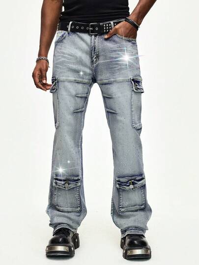 Street Life Jeans da uomo con decorazioni in strass di moda