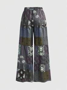 ROMWE Hippie Quần ống rộng dáng rộng thắt eo họa tiết chắp vá thường ngày dành cho nữ - xanh quân đội - Xem 2