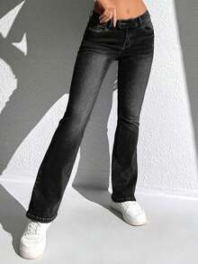 Jeanoix 渐变色口袋休闲百搭时尚喇叭裤 - 灰色 - 查看 5