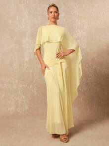 Lumalex VITNOS 女士优雅柔黄色披肩式不对称褶皱腰身修身长款晚礼服，春秋季，晚宴，情人节礼服，节日礼服，度假季特别装扮，优雅派对礼服，春秋季女士连衣裙，正式礼服，魅力优雅礼服，秋季新款女士礼服，奢华礼服，舞会聚会宴会，低调奢华的节日派对，锐舞节郊游度假，户外热门，层次丰富的婚礼季宴会，圣诞节新年派对造型 - 淡黃色 - 查看 9