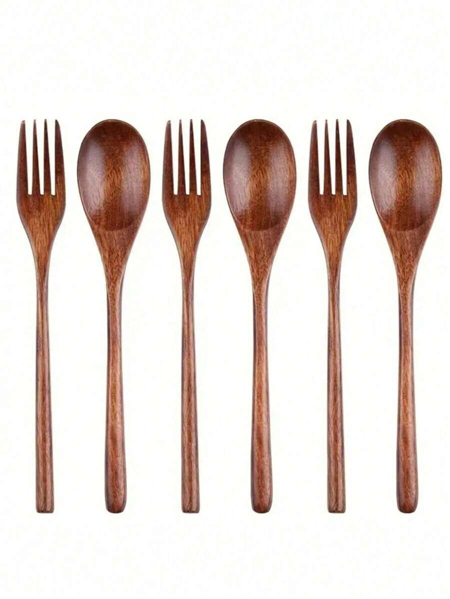 1Pc/2Pcs Natural Lacquer Wood Salad Fork & Spoon, 22.5cm/8.86inch School Supplies,Back To School - Multicolor - View 1