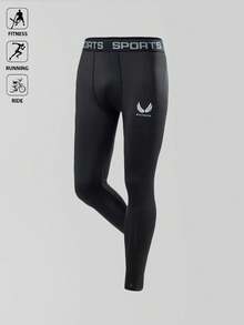 Acti Log Men's Fashion Elastic Wing & Letter Print Sports Leggings Breathable Comfortable Minimalist Design Slim Fit For Gym Compression Sports Tights - Black - View 3