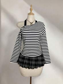Elamini Áo nỉ cổ bẻ không đối xứng họa tiết sọc đen trắng, thời trang dạo phố, thường ngày, dành cho nữ, mùa xuân/thu - Đen và trắng - Xem 4
