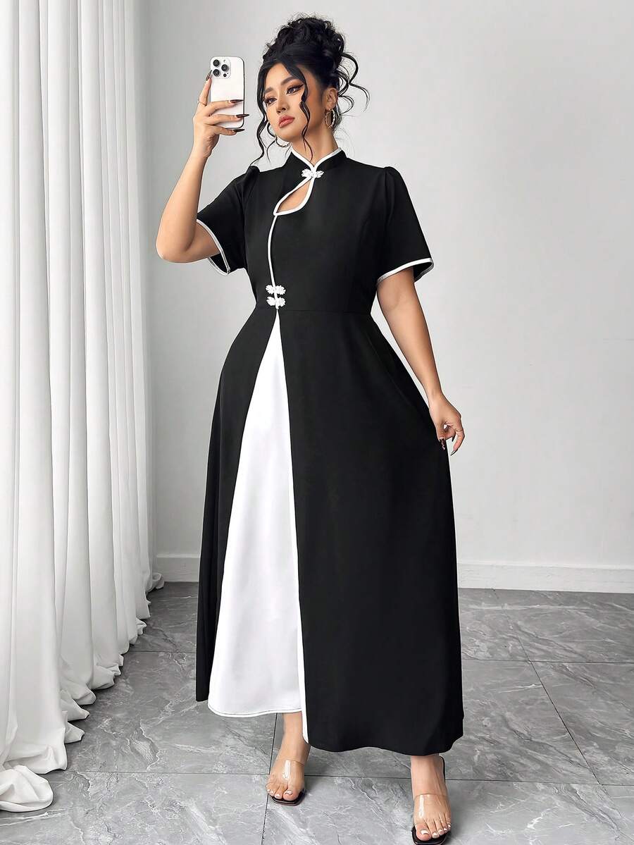 Elenzga Đầm dự tiệc tay ngắn thanh lịch, thắt eo khoét nút màu cỡ lớn dành cho nữ - màu đen - Xem 1