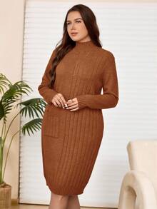 Plus Size Long Sleeve Knitted Sweater Dress With Pockets In Fall/Winter - Brown - View 4