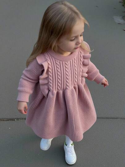 SHEIN Playful Pals 女婴加厚圆领长袖针织毛衣连衣裙，荷叶边下摆，适合日常穿着、外出、旅行、度假、居家、托儿所和儿童玩耍，柔软舒适，秋冬季款