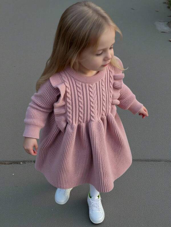 SHEIN Playful Pals 女婴加厚圆领长袖针织毛衣连衣裙，荷叶边下摆，适合日常穿着、外出、旅行、度假、居家、托儿所和儿童玩耍，柔软舒适，秋冬季款