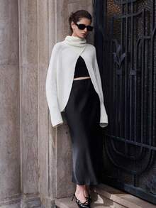 Falda larga de satén elástica de moda para mujer, adecuada para todas las estaciones - Negro - Ver 9