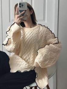 FRIFUL 女士圆领宽松绞花针织套头毛衣，饰有撞色波浪形滚边 - 米色 - 查看 7