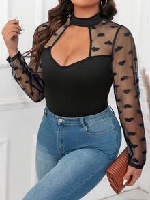 EMERY ROSE Body de encaje y malla con parches, de punto suave y cuello alto, adecuado para fiestas, reuniones y salidas, talla grande - Negro - Ver 6
