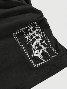 ROMWE Grunge Punk 哥特风蕾丝拼接吊带背心，饰有骷髅、蜘蛛、眼睛刺绣和缝线细节，女款 - 黑色 - 查看 4