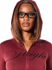 SUMWON WOMEN Christmas Hooded Zip Up Jacket With Script Logo Long Sleeve Burgundy Outerwear Fall Winter Casual Streetwear Fashion