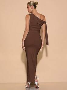 SHEIN BAE Women's Solid Color Asymmetric Shoulder Tie Ruched Elegant Slit Dress, Suitable For Graduation - Brown - View 2
