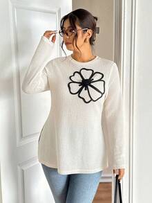 Lounesse Camiseta de punto con cuello redondo y diseño de abertura lateral para mujer talla grande, camiseta casual cómoda de talla grande - Beis - Ver 4