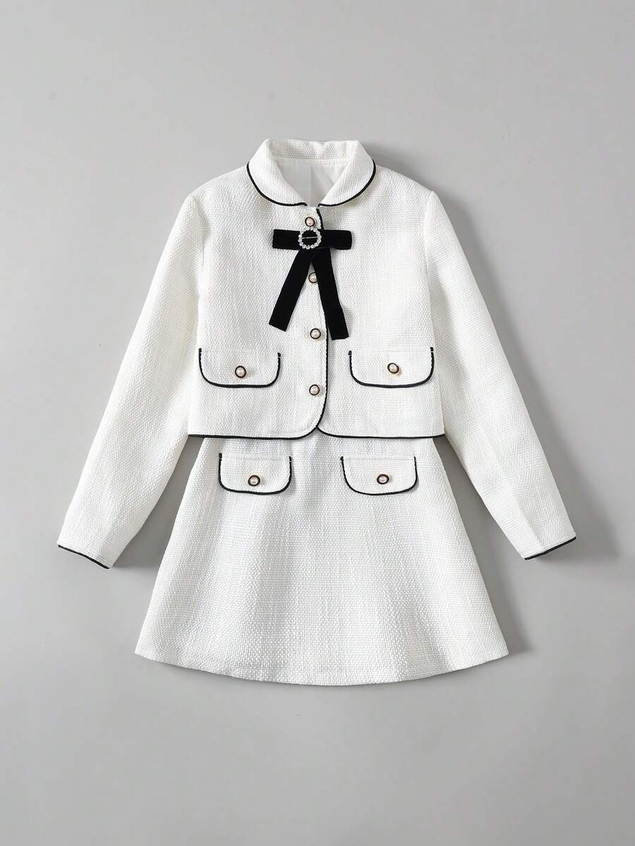 Ontre Tween Girl 粗花呢拼布黑色抽绳蝴蝶结装饰领夹克和裙子休闲套装 - 白色 - 查看 1