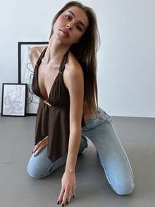 Aloruh Dây buộc kim loại trang trí bằng vải satin gợi cảm màu sâm panh dành cho nữ khi đi chơi và dự tiệc - Cà phê nâu - Xem 7