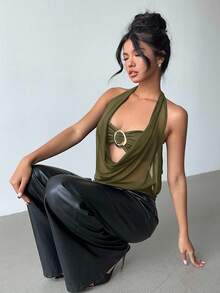 Aloruh Áo hở lưng hở cổ bán trong suốt gợi cảm mới với họa tiết kim loại - xanh quân đội - Xem 6