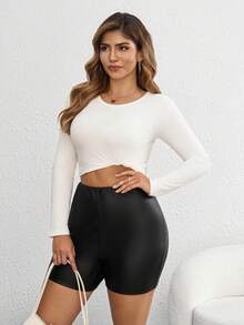 SHEIN Tall CURVE Plus Size Street Style Black Tight PU Female Shorts Booty Shorts - Black - View 4