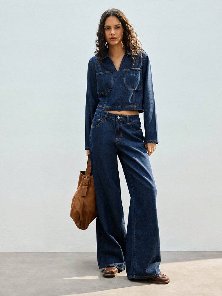 SHEIN Maija Damen Einfarbiges minimalistisches Langarm-Top und Jeans Set, Lässige Alltagskleidung