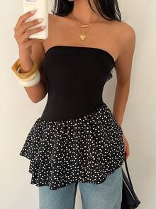 SHEIN Unity Women's Summer Casual Vacation Style Patchwork Heart Print Double Layer Ruffle Asymmetrical Hem Tube Top - Black and White - View 6