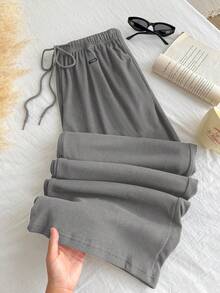 SHEIN EZwear Quần dài rộng rãi thoải mái ấm áp mềm mại màu xám đậm cỡ lớn, dành cho mùa đông - Màu xám đen - Xem 2