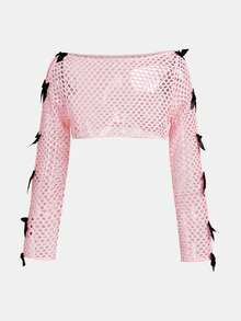 SHEIN 两件套少女休闲甜美钩针网纱蝴蝶结装饰长袖上衣和针织修身拼接荷叶边南瓜下摆连衣裙套装，时尚街头风 - 淺粉色 - 查看 5