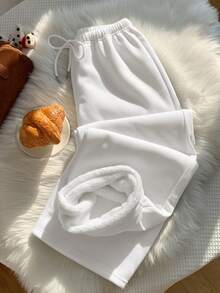 SHEIN EZwear 女士休闲抽绳腰带保暖宽松运动裤，适合日常穿着及开学季、秋冬季穿着。 - 白色 - 查看 3