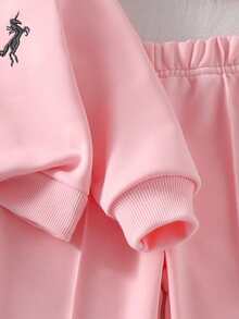 Genkimix Kids Autumn/Winter Baby Girls Embroidered Stand Collar Zip-Up Long Sleeve Sweatshirt Set, Minimalist & Comfortable - Pink - View 6