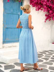 Vivid Eden Spring/Summer Outing Holiday Date Dresses, Spring/Summer Casual Vacation Dresses With Ruffled Neckline, A-Line Fit, Casual Plaid Fabric, Women's Dresses, Summer Beach Dresses, Back-To-School Outfits, Very Simple Outfits, Women's Country Style Clothing, Office Wear, Old Money Style, Teacher's Attire, Date Outfits, Graduation Season Dresses, Women's Dresses, Spring/Summer Casual Dresses, Summer Blue Dresses - Blue and White - View 10