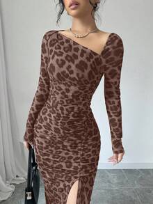 Rafferiza Women's Elegant Asymmetrical Neck Cinched Waist Ruched Long Sleeve Dress With Leopard Print Mesh Maxi Women Outfit Bodycon Long Dressslit Dressleopard Print Dress