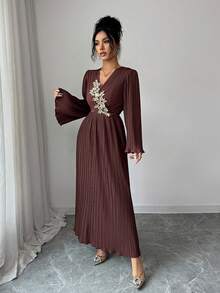 Rafferiza Váy xếp ly cổ chữ V cho nữ, họa tiết hoa 3D chỉ vàng, tay loe, thanh lịch, phù hợp cho trang phục dự tiệc và sang trọng - Cà phê nâu - Xem 3