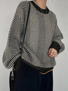 FRIFUL Women's Casual Loose Fit Colorblock Round Neck Drop Shoulder Long Sleeve Sweater, Versatile Autumn Outerwear - Black - View 3