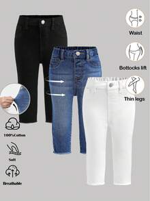 3pcs/Set Baby Girls' Blue, White, Black Denim Stretch Skinny Pants,Fall Clothes,Winter Clothing ,Casual And Fashionable Vacation Outfits,2000s Style  ,Christmas Clothing,Baby Girls  Leggings,Denim  Leggings - Multicolor - View 1