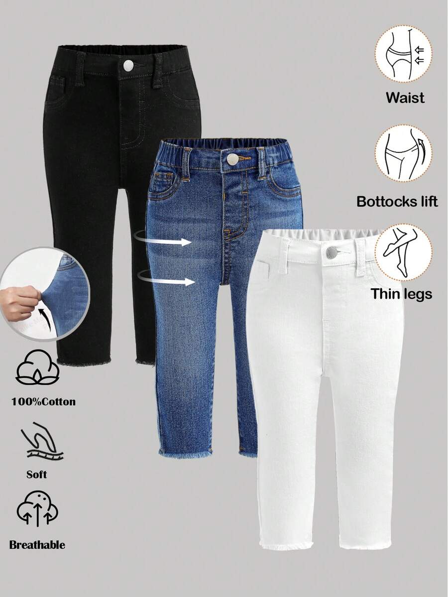 3pcs/Set Baby Girls' Blue, White, Black Denim Stretch Skinny Pants,Fall Clothes,Winter Clothing ,Casual And Fashionable Vacation Outfits,2000s Style  ,Christmas Clothing,Baby Girls  Leggings,Denim  Leggings - Multicolor - View 1