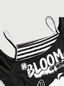 Winx Club X ROMWE Women's Faux Two-Piece Striped Portrait Pattern Asymmetric Shoulder Fitted T-Shirt - Black - View 4