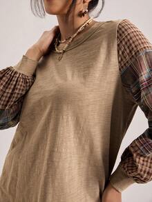 Freevana Áo chui đầu cổ tròn kẻ sọc bohemian cỡ lớn, phong cách miền Tây cổ điển, màu kaki, áo nữ đầu xuân, tay dài - Màu Khaki - Xem 8