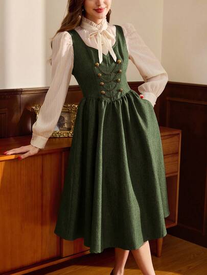 Vintamour Vintage Elegant Women's Dress With Pockets Double-Breasted Chain Metal Button Casual Vacation Dress Clothes For Women Christmas Party Dress Women's Dress Spring