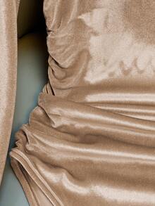 Franclia Elegant, Fitted V-Neck, Long-Sleeved, Gathered Waist, Champagne-Colored Women's Bodysuit In Korean Velvet Fabric. Casual Women's Bodysuit, Elegant Women's Bodysuit, Party Bodysuit, Champagne-Colored Bodysuits.