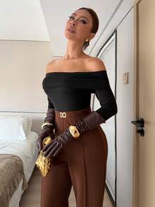 Islaluna French Style Women's Jumpsuit Elegant Office,Shades Of Brown Autumn Knitted Black Top With Flowing Wide-Leg Pants And Metal Buckle Belt Set - Multicolor - View 4