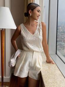 Livesso 闪亮亮片吊带背心，时尚派对吊带背心，适合新年、圣诞节、婚礼、宴会、舞会、秋冬季闪亮上衣 - 香檳色 - 查看 6