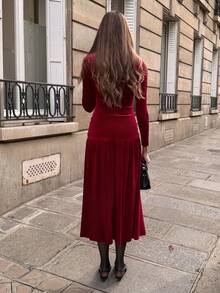 Pariaura Vestido elegante de manga larga con cuello plisado y unicolor para mujer