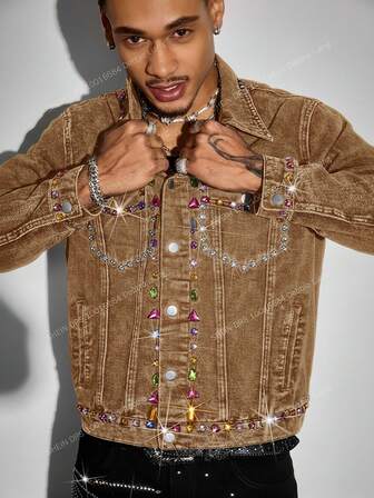 Street Life Men's Colorful Rhinestone Embellished Single-Breasted Casual Denim Jacket