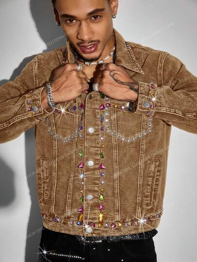 Street Life Giacca di jeans casual monopetto da uomo con decorazioni in strass colorati