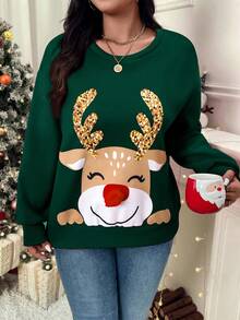 SHEIN VCAY Plus Size Christmas Cartoon Print Sweatshirt In Fall/Winter - Army Green - View 1