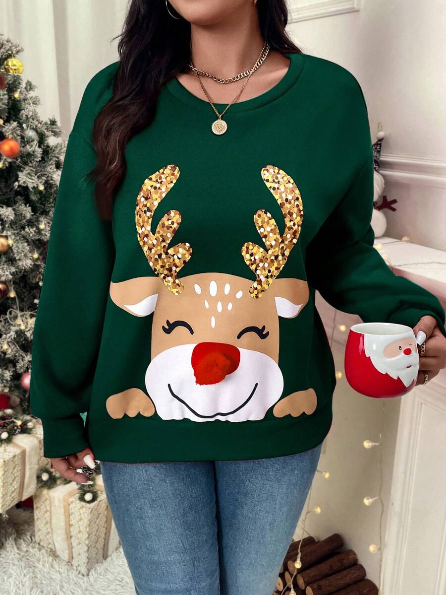 SHEIN VCAY Plus Size Christmas Cartoon Print Sweatshirt In Fall/Winter - Army Green - View 1