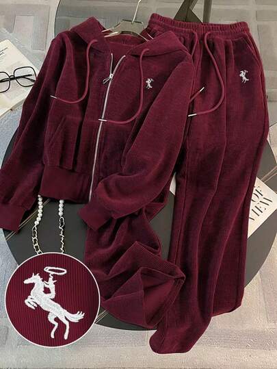 Resyla 2pcs Women Corduroy Hooded Zip-Up Sweatshirt Set, Spring/Autumn