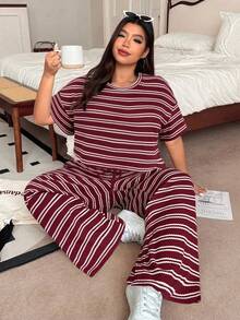 SHEIN EZwear 加大码红色条纹T恤和裤子休闲两件套，夏季 - 紅色 - 查看 3