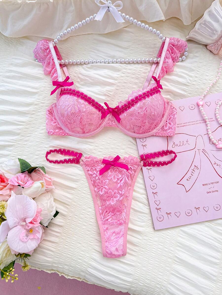 PetitDoll 2pcs/Set Lace Bra With Ruffle Strap + Lace Panty With Bow, Sweet & Cute Lingerie Set, Suitable For Daily Wear - Pink - View 1